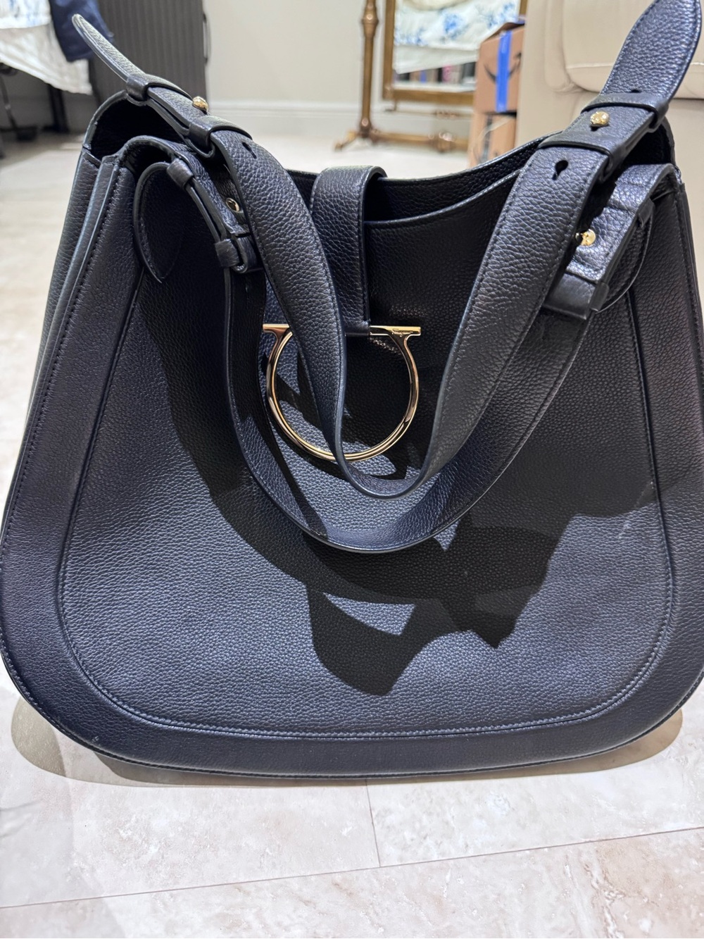 Salvatore Ferragamo Black Leather Shoulder Bag with Gold Ring